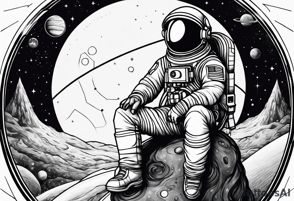 Astronaut sitting on planets tattoo idea