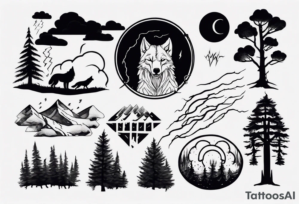 a thunder and lightning storm over a forest with a distant wolf howling and a drum circle tattoo idea a thunder and lightning storm over a forest with a distant wolf howling and a drum circle tattoo idea