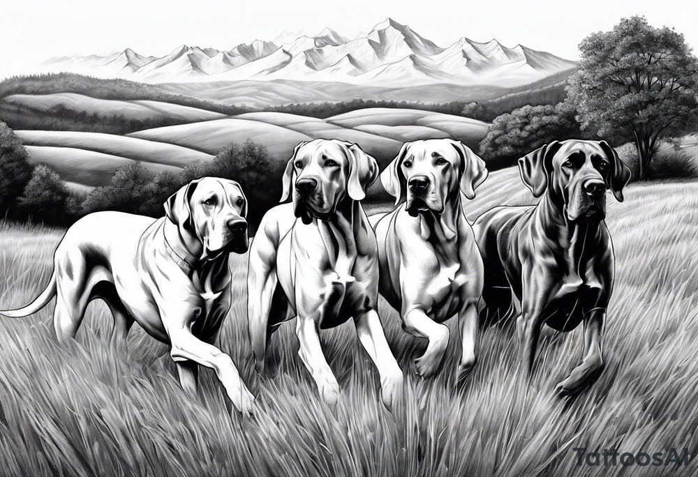full arm sleeve. Rolling fields and Tennessee mountains with (4) Four Great Dane dogs running together in the field tattoo idea