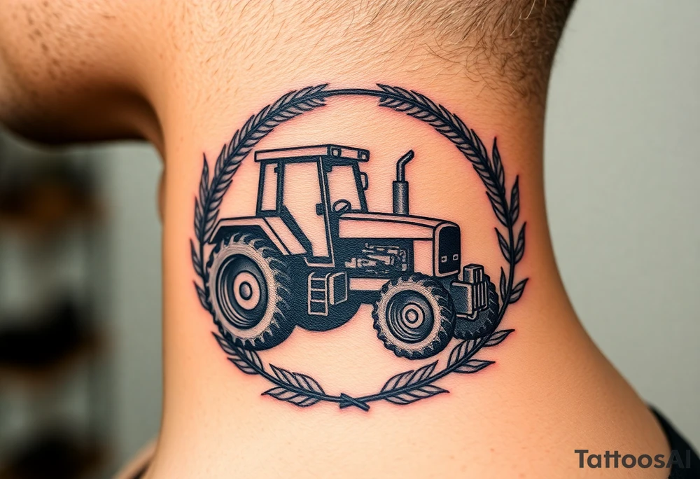 A tractor framed by a circular wreath of wheat and corn stalks, representing abundance and harvest. tattoo idea