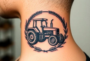 A tractor framed by a circular wreath of wheat and corn stalks, representing abundance and harvest. tattoo idea