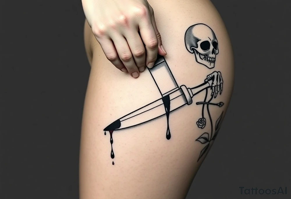 en el caos encontré mi forma favorita 
de amarte somos veneno y promesa.  Add around 

Woman’s hand reaching down grabbing blade handle, skeleton head on right under blade, rise on right under blade, blood dry from tip of blade, skeleton hand reaching for Blade tip. Just the hand and place above blade handle reaching for handle. Skull and rose underneath blade. Just the skeleton hand reaching for tip of knife which is dripping blood. tattoo idea