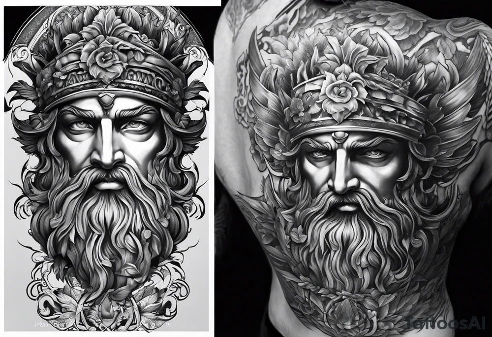 Greek or Roman mythology half sleeve  add some background and other things to make the person almost full or full height add background details men god tattoo idea