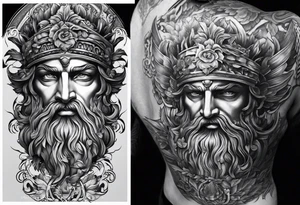 Greek or Roman mythology half sleeve  add some background and other things to make the person almost full or full height add background details men god tattoo idea