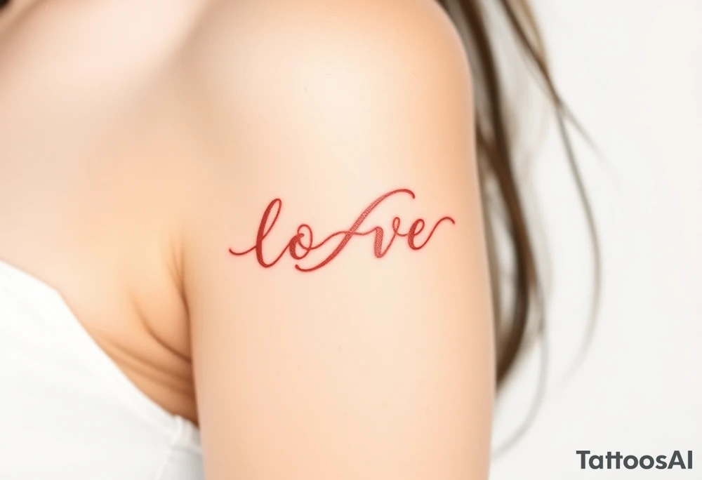 A ribbon-like infinity symbol in soft rose gold, wrapping around the word "love" in a warm, romantic hue tattoo idea
