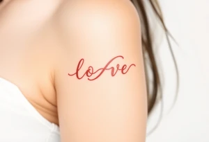 A ribbon-like infinity symbol in soft rose gold, wrapping around the word "love" in a warm, romantic hue tattoo idea