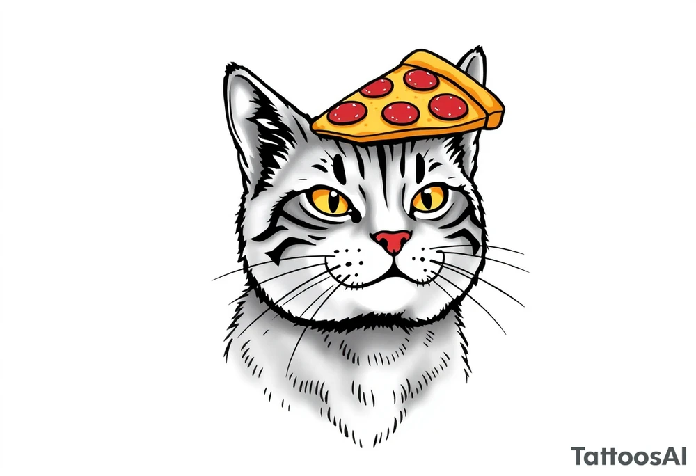 fat grey tabby cat portrait with pizza slice on its head tattoo idea