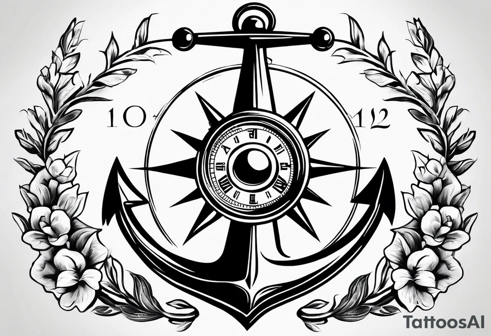 A selucid style anchor in front of a compass with north south east west marked on it and a narrow laurel wreathe wrapped around the compass tattoo idea