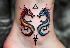 A mirrored twin dragon design, one fiery red and gold, the other icy blue and silver, intertwined in a circular dance and with Gemini glyph tattoo idea