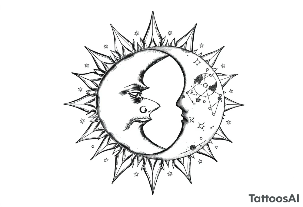 celestial sun and moon embrace with constellation patterns tattoo idea