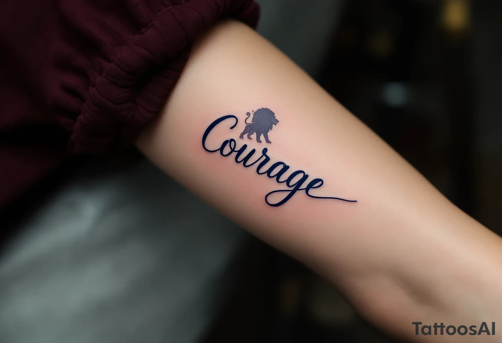 “Courage” in bold navy blue, paired with a simple lion silhouette in soft gray. tattoo idea