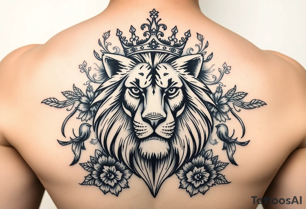powerful majestic lion with a crown, surrounded by floral ornaments and birds tattoo idea