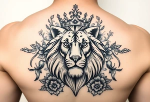 powerful majestic lion with a crown, surrounded by floral ornaments and birds tattoo idea