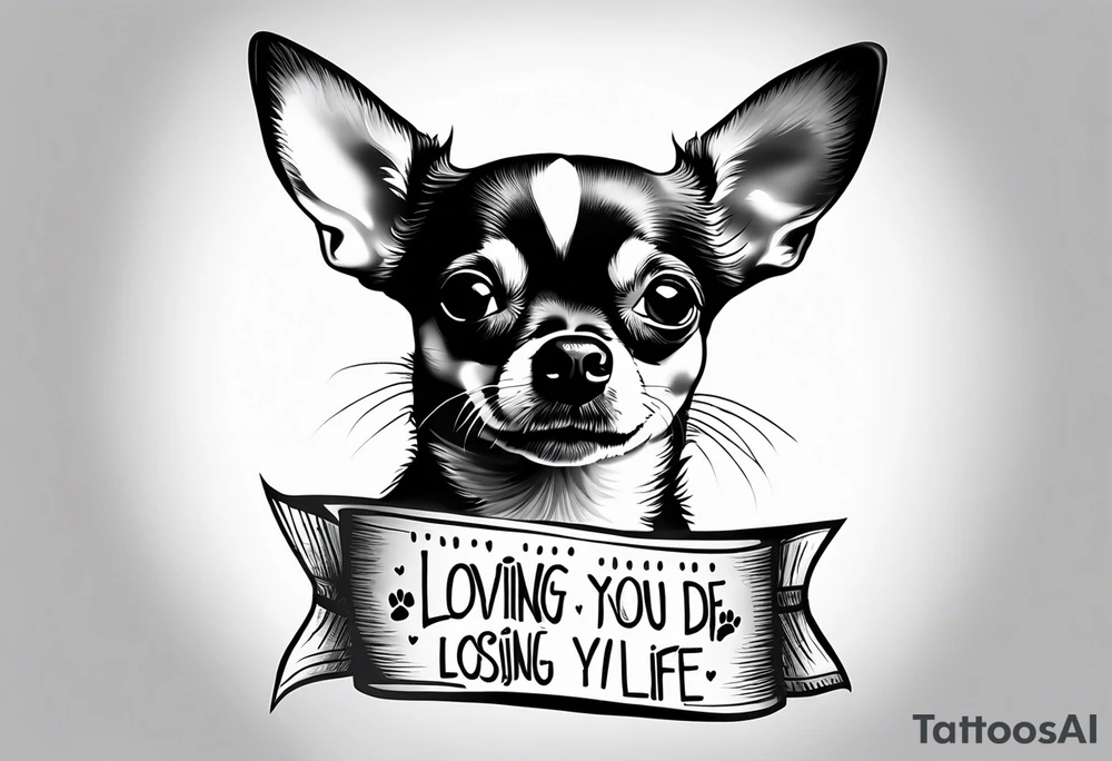 Portrait of chihuahua dog with paw print and phrase “loving you changed my life, losing you did the sane tattoo idea