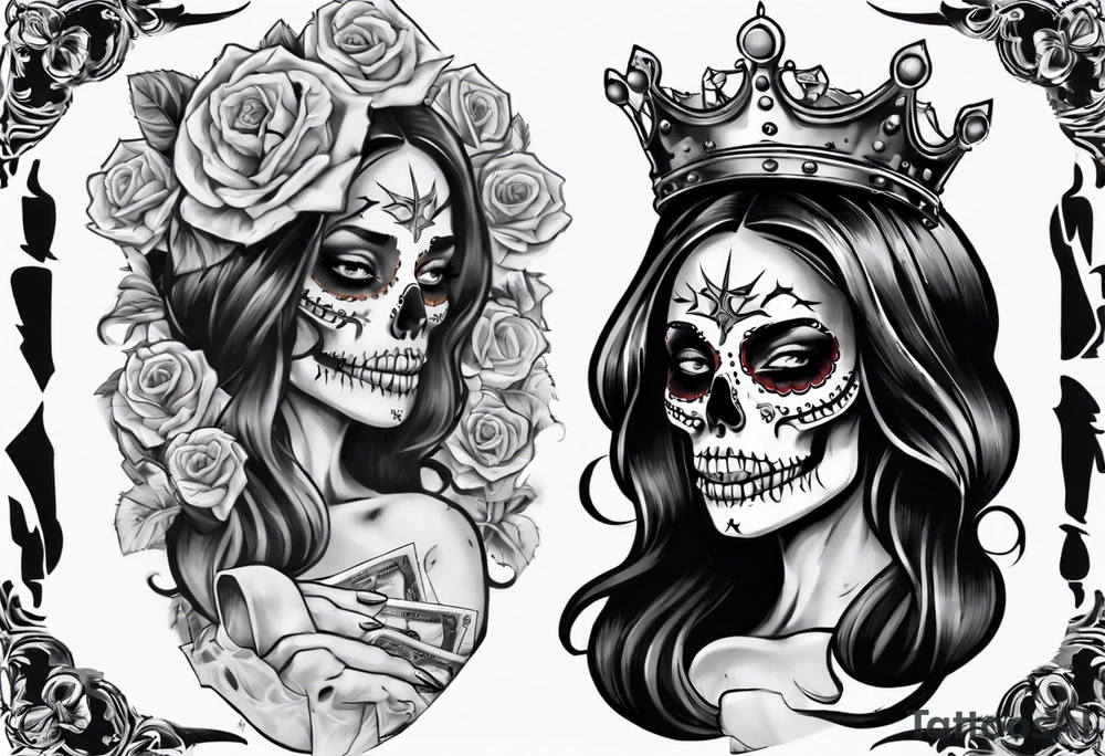 santa la muerta with money and crown
on the card tattoo idea