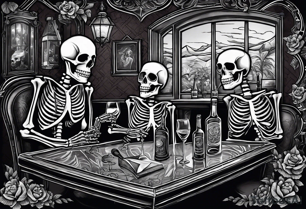 a bar scene with Western female and male skeletons. The female skeleton has hibiscus flowers for eyes, and the male skeleton plays the guitar. tattoo idea