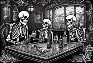 a bar scene with Western female and male skeletons. The female skeleton has hibiscus flowers for eyes, and the male skeleton plays the guitar. tattoo idea