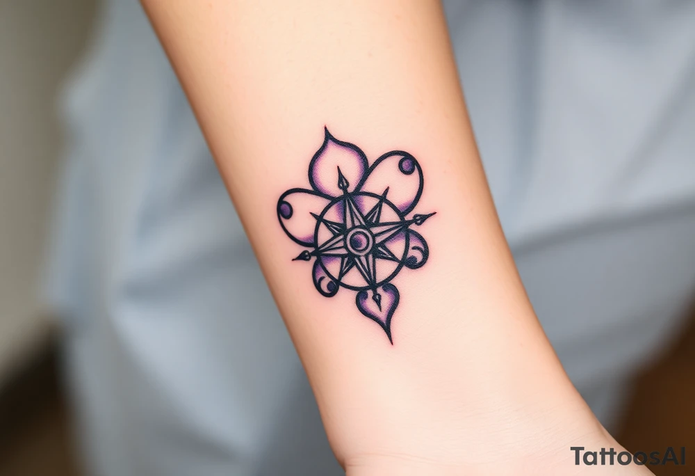 A single Violet with detailed compass at its center representing feminine power and an ankh or Celtic knot tattoo idea