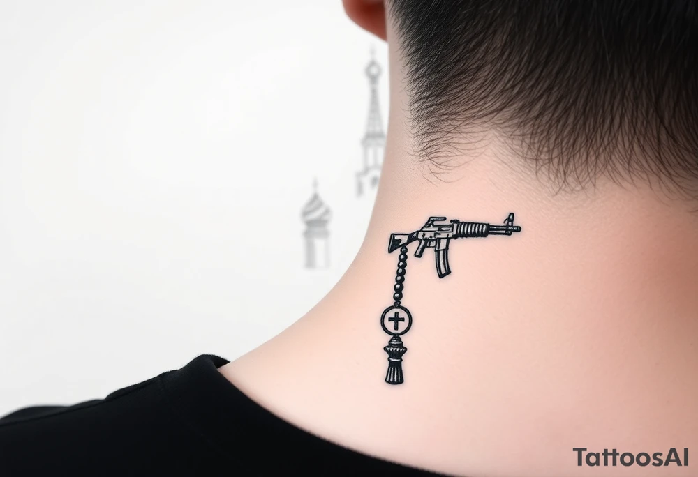 St. Basil's Cathedral scene with a christian orthodox in a ak47 style with a beaded orthodox thurible chain tattoo idea