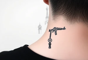 St. Basil's Cathedral scene with a christian orthodox in a ak47 style with a beaded orthodox thurible chain tattoo idea