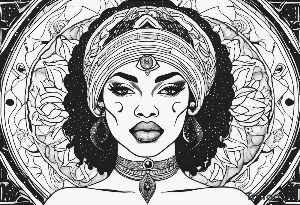 Black woman, royalty, enlightenment, wisdom, astronomy, cancer zodiac, natural, full arm tattoo idea