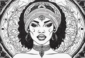 Black woman, royalty, enlightenment, wisdom, astronomy, cancer zodiac, natural, full arm tattoo idea