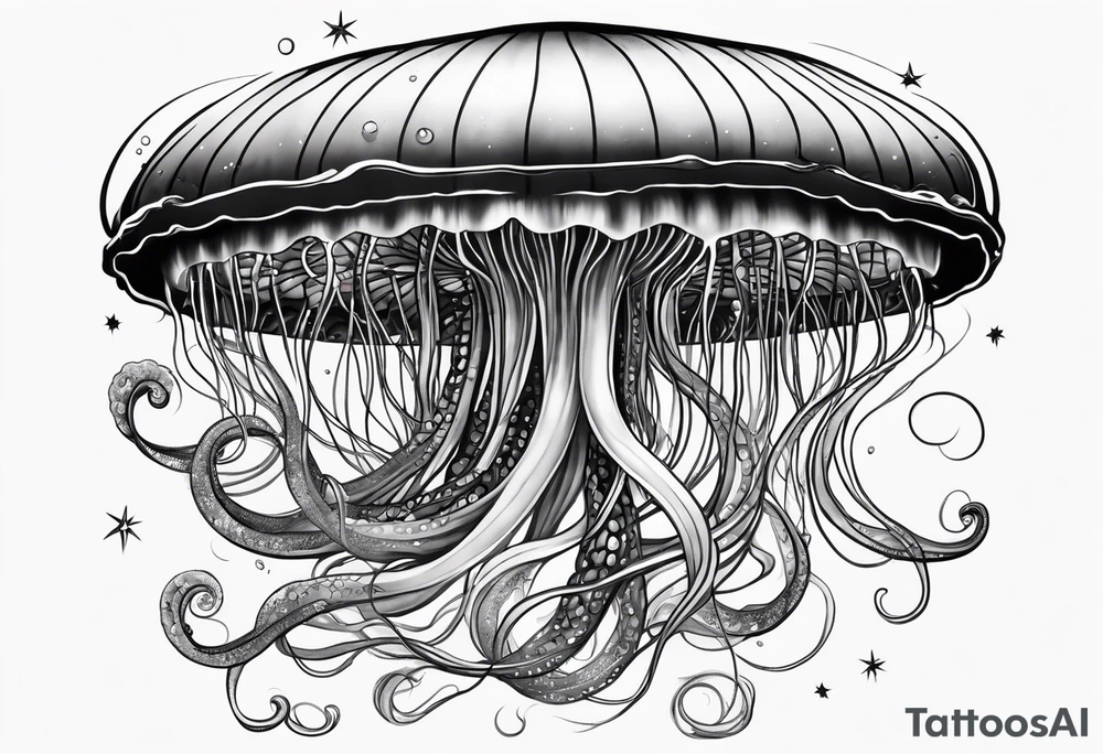 A universe inside a mystical jellyfish with long flowing tentacles tattoo idea