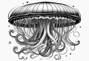 A universe inside a mystical jellyfish with long flowing tentacles tattoo idea