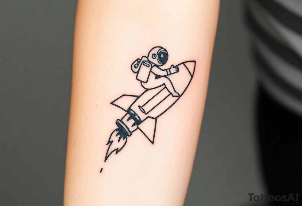 rocket ship with duct tape and sparks coming out the back  with astronaut riding it tattoo idea