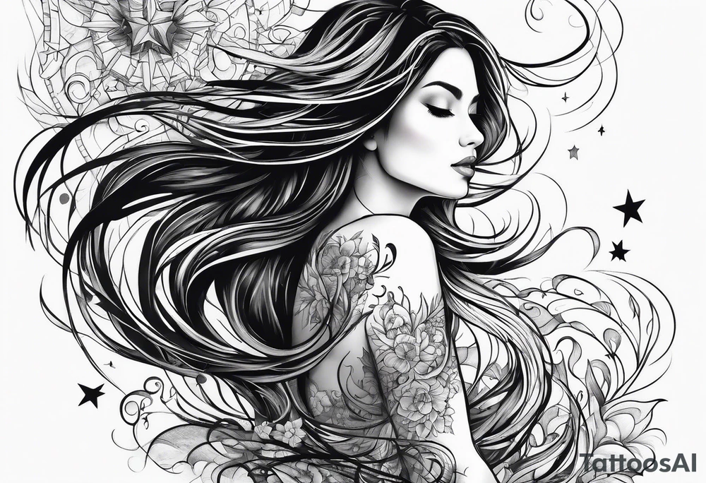 long haired woman reaching to stars tattoo idea