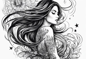 long haired woman reaching to stars tattoo idea