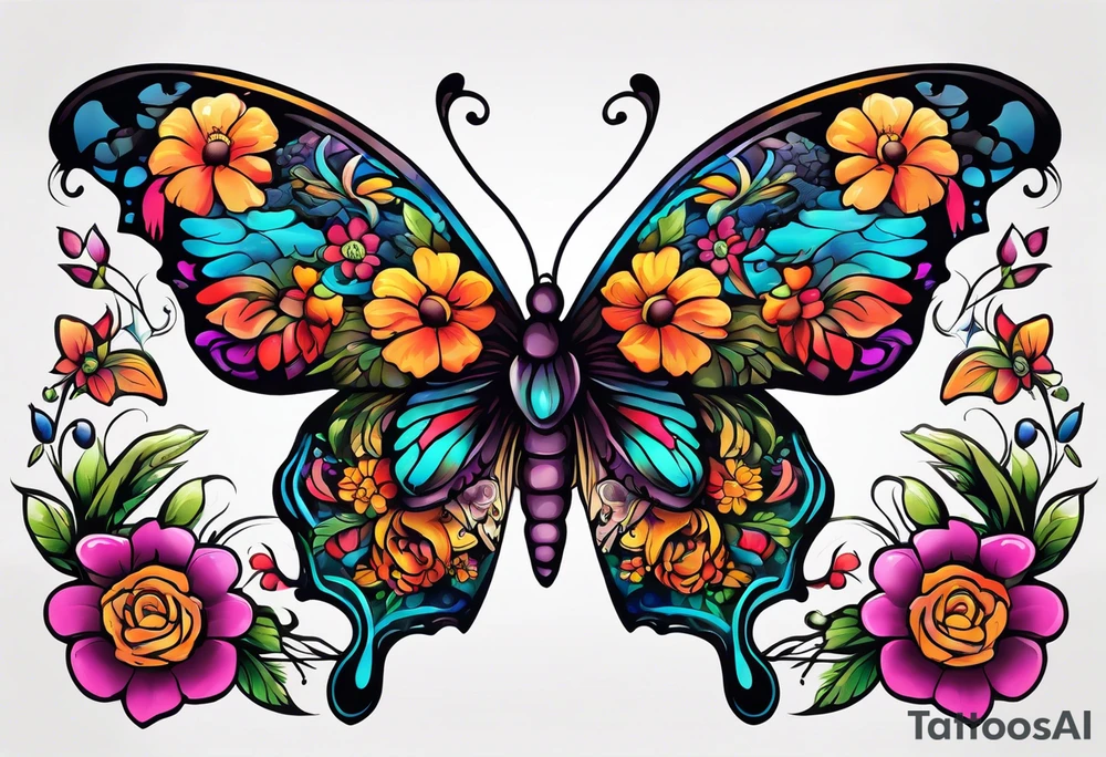 butterfly with half the wings covered in colorful bright flowers, the other half normal butterfly design but looks like a skull in the wing design tattoo idea
