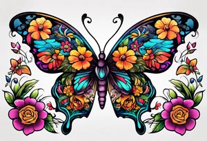 butterfly with half the wings covered in colorful bright flowers, the other half normal butterfly design but looks like a skull in the wing design tattoo idea