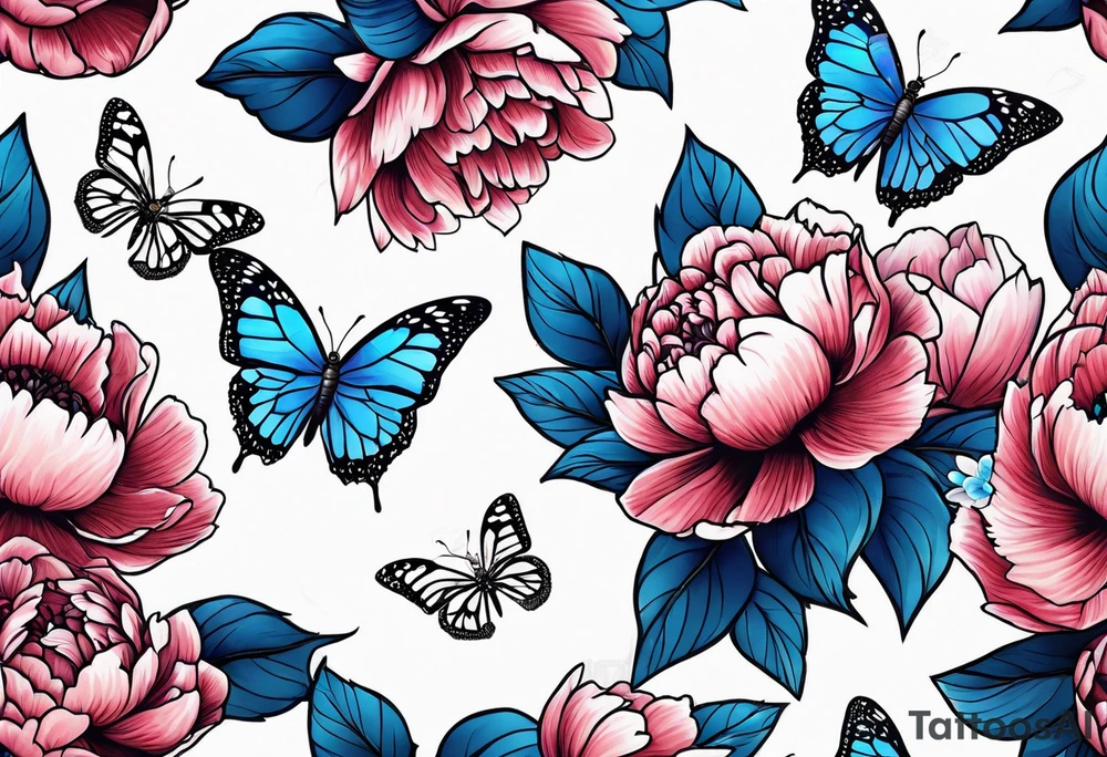 Peony with blue monarch butterflies tattoo idea