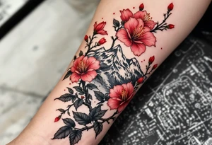 wrap around entire wrist red  and black rhododendron trippy with Himalayas behind tattoo idea