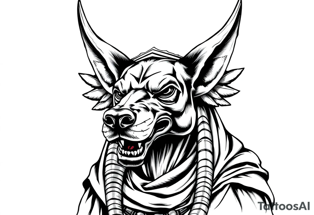 Egyptian Anubis god powerful face muscle in Egypt style with mantle on head dog face long ears tattoo idea