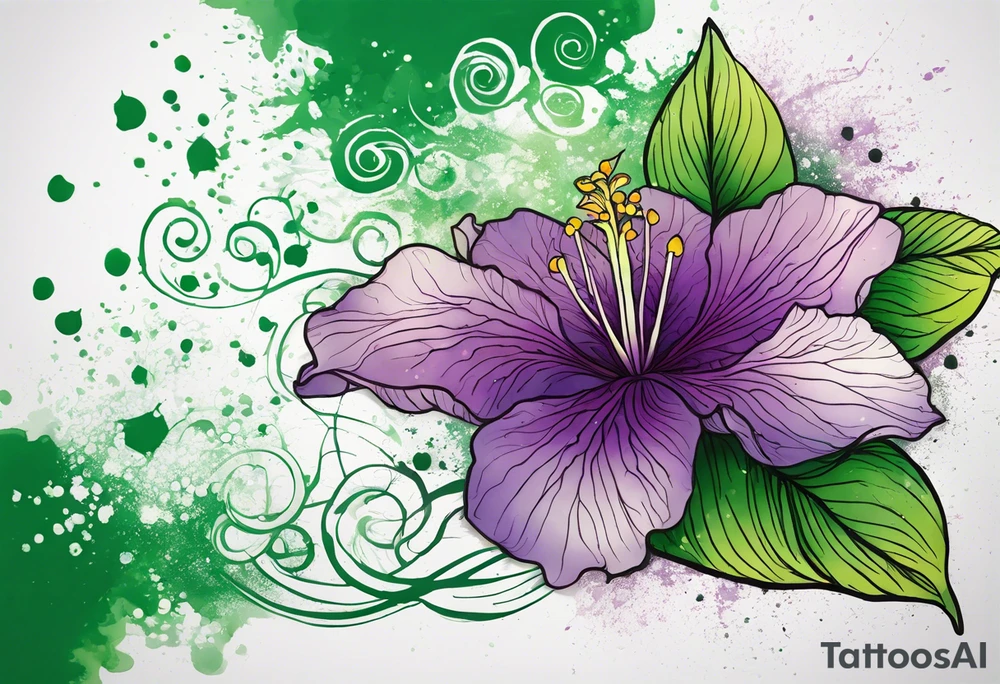 A mystical outline of a green rio dipladenia flower and a green/purple watercolor splatter in the background tattoo idea