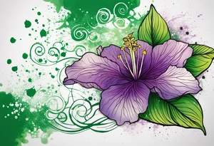 A mystical outline of a green rio dipladenia flower and a green/purple watercolor splatter in the background tattoo idea