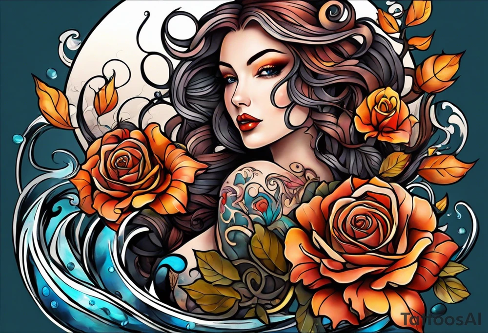 abstract left thigh tattoo with an octopus in water swirls wrapping around rocks, a rose, in fall colors with some small leaves and fall elements tattoo idea