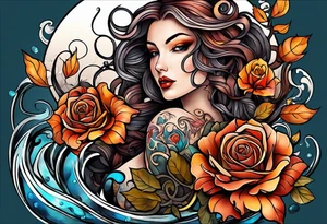 abstract left thigh tattoo with an octopus in water swirls wrapping around rocks, a rose, in fall colors with some small leaves and fall elements tattoo idea