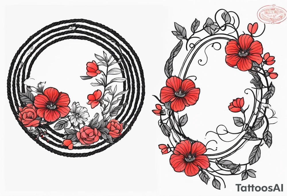 rope made out of vine in a cricle with 生涯の兄弟 in the middle with light red majestic flowers around for the bottom wrist tattoo idea