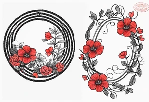 rope made out of vine in a cricle with 生涯の兄弟 in the middle with light red majestic flowers around for the bottom wrist tattoo idea