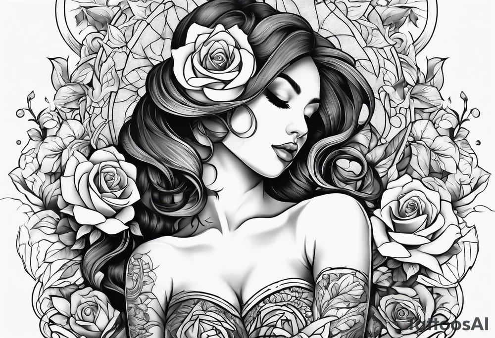 Bloomed rose with female body, kneeling tattoo idea
