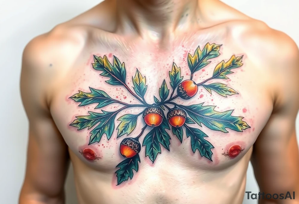 on the chest an oak branch with thick leaves and acorns oak branch with thick leaves and acorns tattoo idea