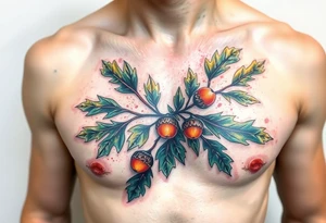 on the chest an oak branch with thick leaves and acorns oak branch with thick leaves and acorns tattoo idea