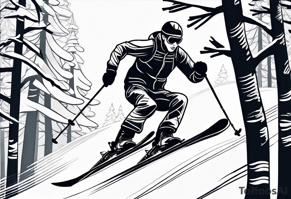simple drawing of a
tattoo of a snow skier skiing through trees showing ski trail tattoo idea