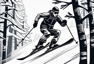 simple drawing of a 
tattoo of a snow skier skiing through trees showing ski trail tattoo idea