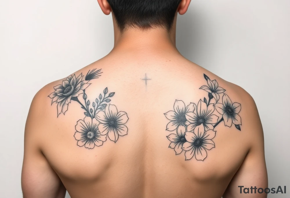 poppy, gladiolus, holly, narcissistic, poinsettia, daisy, and sweet pea sleeve tattoo tattoo idea