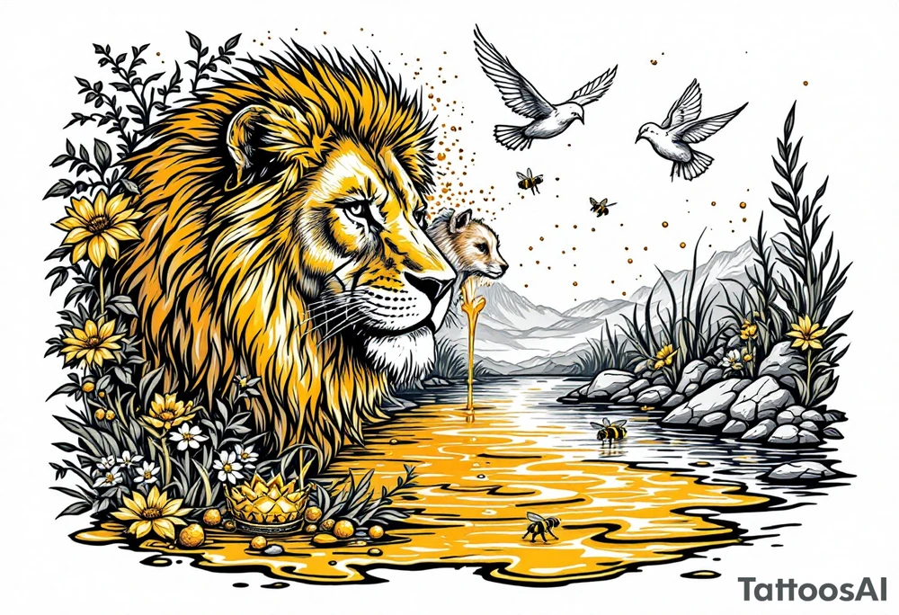 Make a honeycomb dripping honey flowing into a river and lake.  Make a lion, lamb, and dove playing in and by the honey lake.  Make the lion, lamb, and dove playing with and protecting honeybees, a crown, a golden nugget, an ancient hammer, and a harp with melodies.  Make a dna helix in the honey lake. Make an acts 3:21 banner over the tattoo tattoo idea