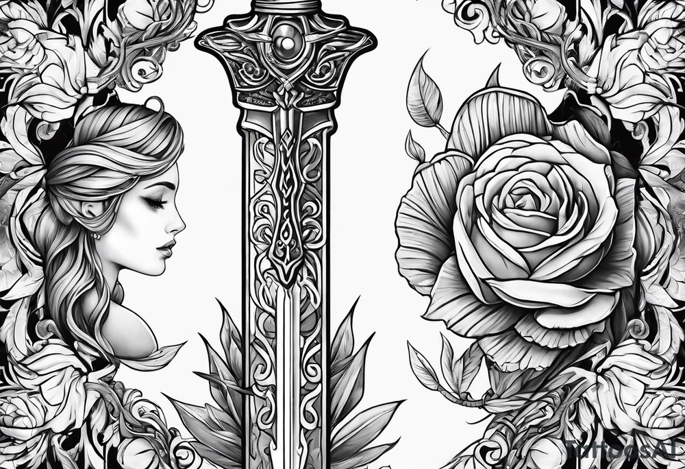 Fantasy sword thin delicate tattoo idea